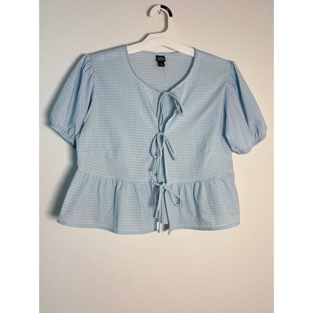 Wild Fable Blue Gingham Tie Front Peplum Puff Sleeve Blouse Top Small